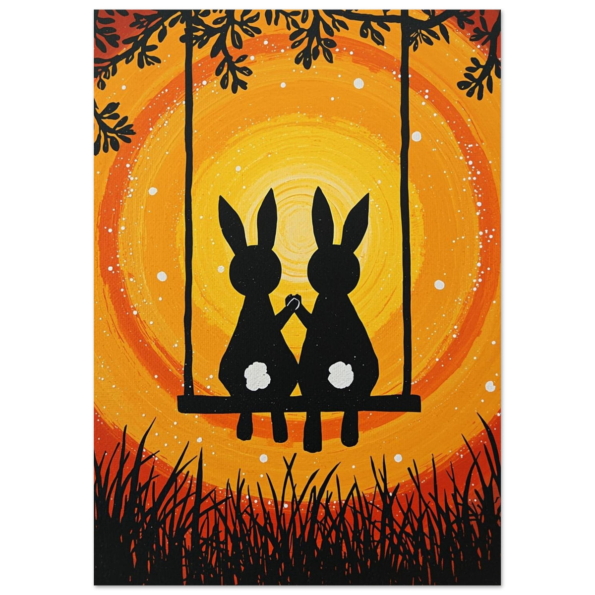 Two black rabbits with white tails hold paws on a swing, surrounded by branches and grass against yellow and orange swirls.