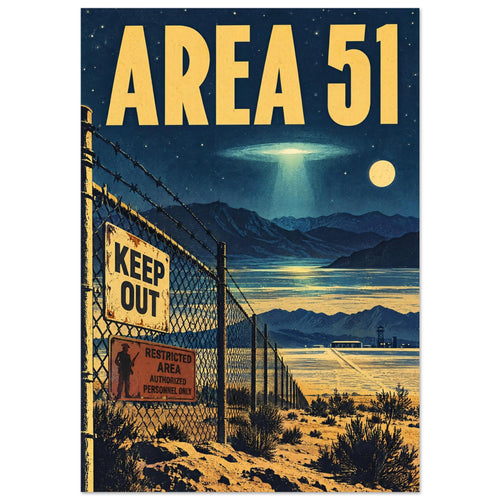 Area 51 poster with yellow lettering, a glowing UFO, desert mountains and a barbed-wire fence bearing warning signs.