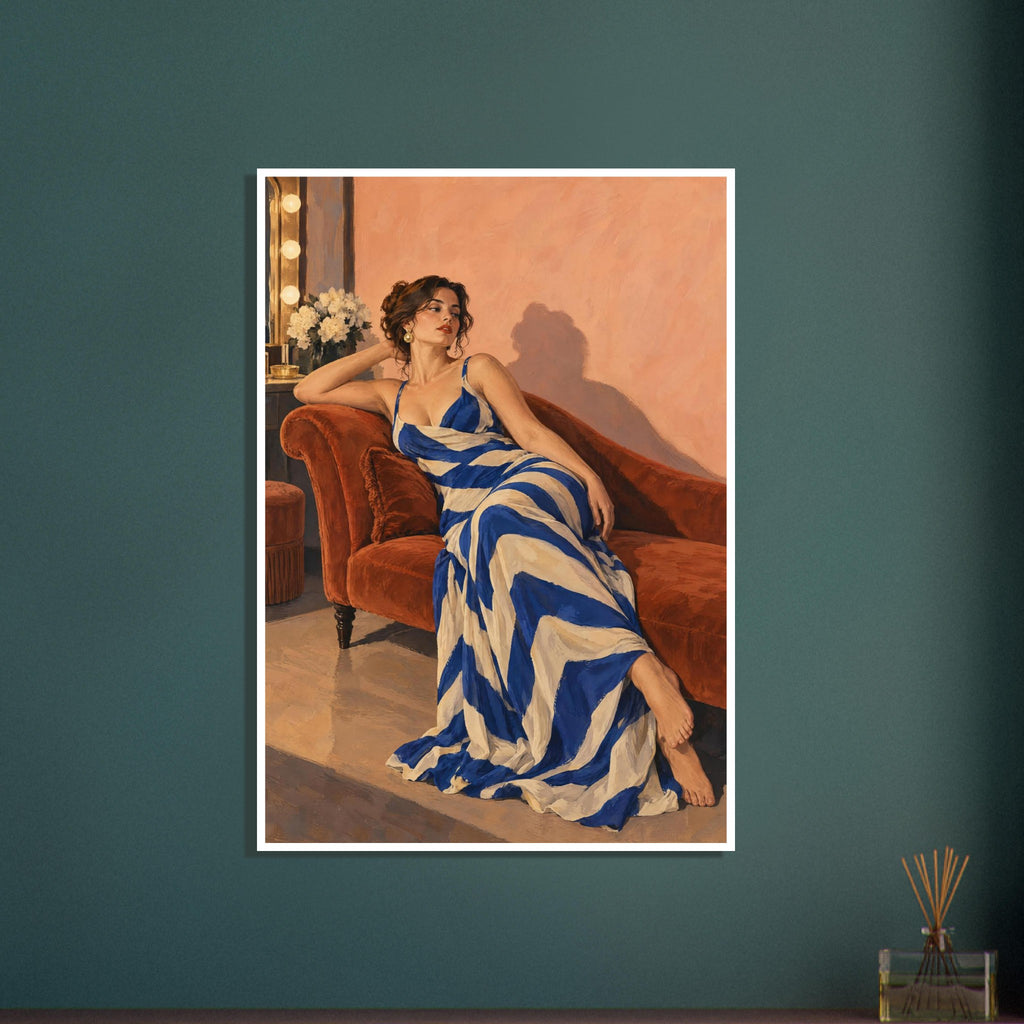 Woman in a blue and cream striped dress reclining on a rust chaise longue against a peach wall beside a lit mirror.