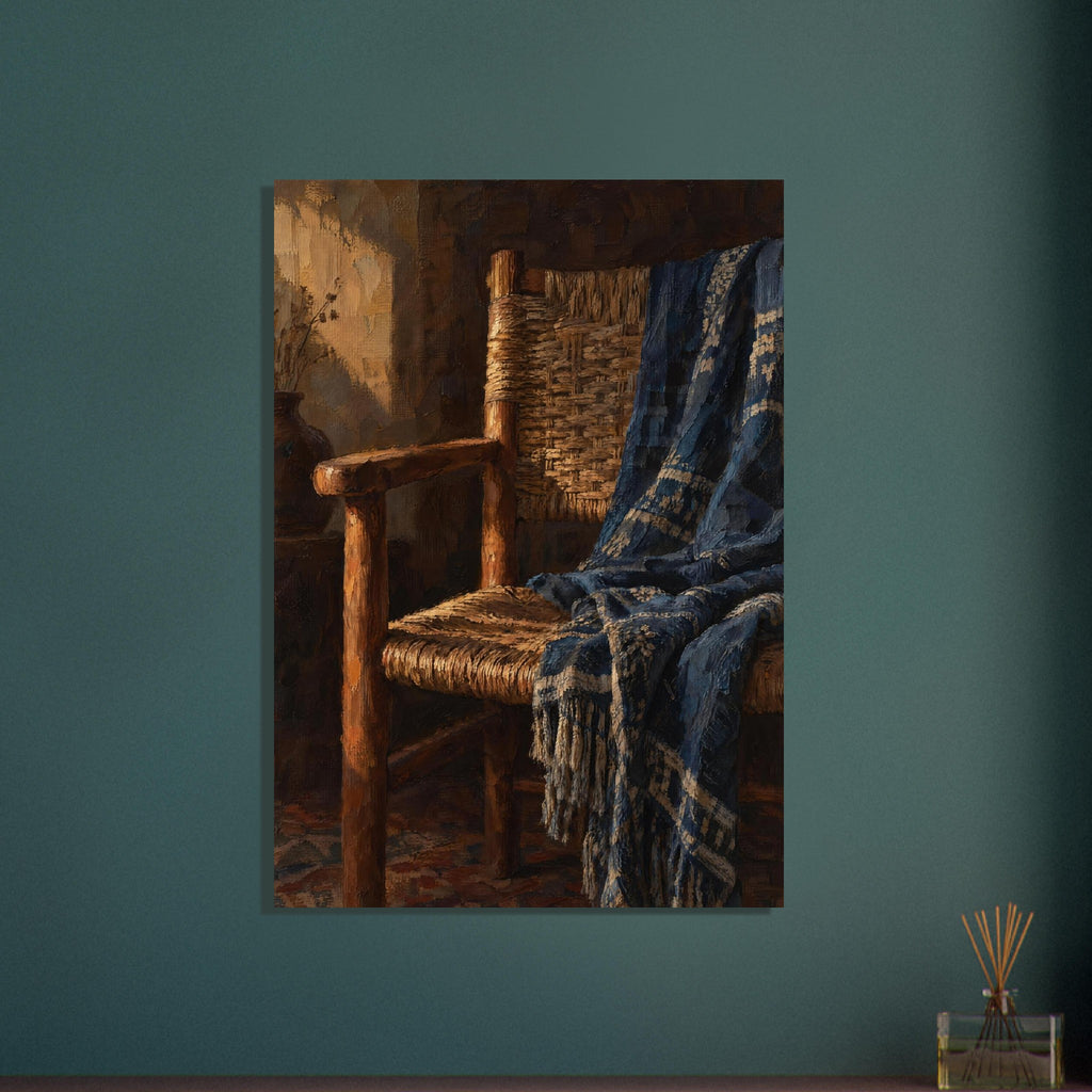 Wooden woven chair draped with a patterned blue fringed throw, painted in warm light against a dark brown interior.