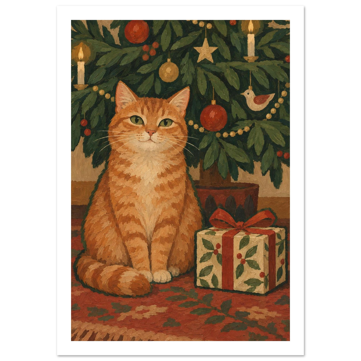 Ginger tabby sitting beside a wrapped gift beneath a Christmas tree decorated with candles, baubles and a star.