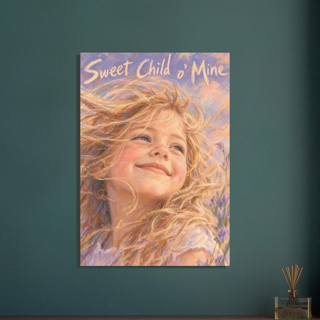 Smiling, freckled child with flowing golden hair against peach and lilac strokes, beneath “Sweet Child o’ Mine” lettering.