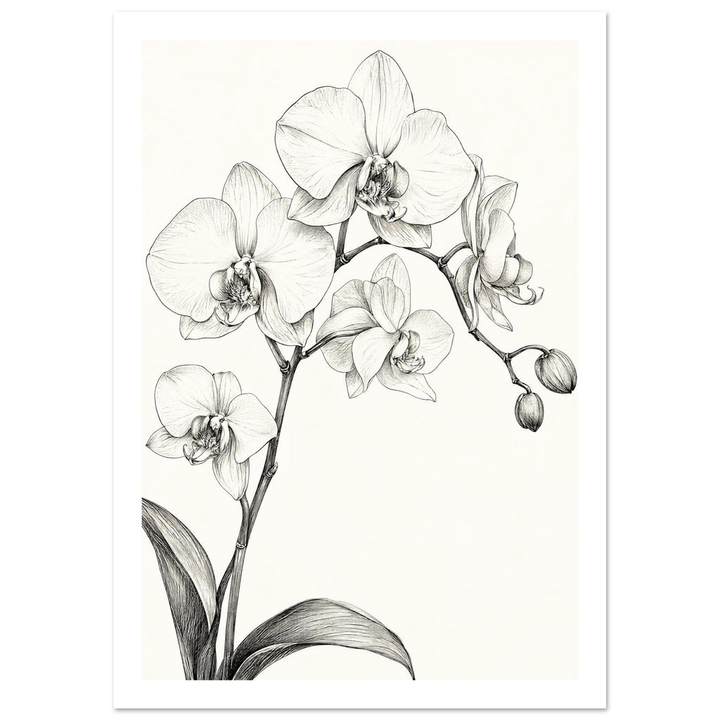 Orchid flowers and buds on branching stems with long curved leaves, drawn in fine dark lines on an ivory background.