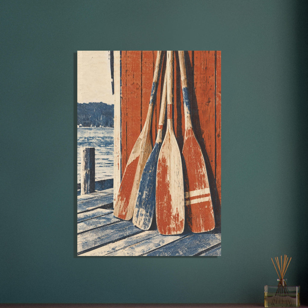 Four weathered red, blue and cream wooden oars leaning against red timber boards beside water and a wooden jetty.