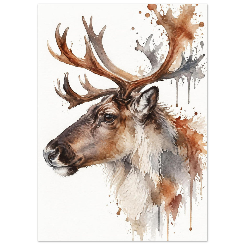 Watercolour reindeer head in profile with large antlers and loose paint splashes