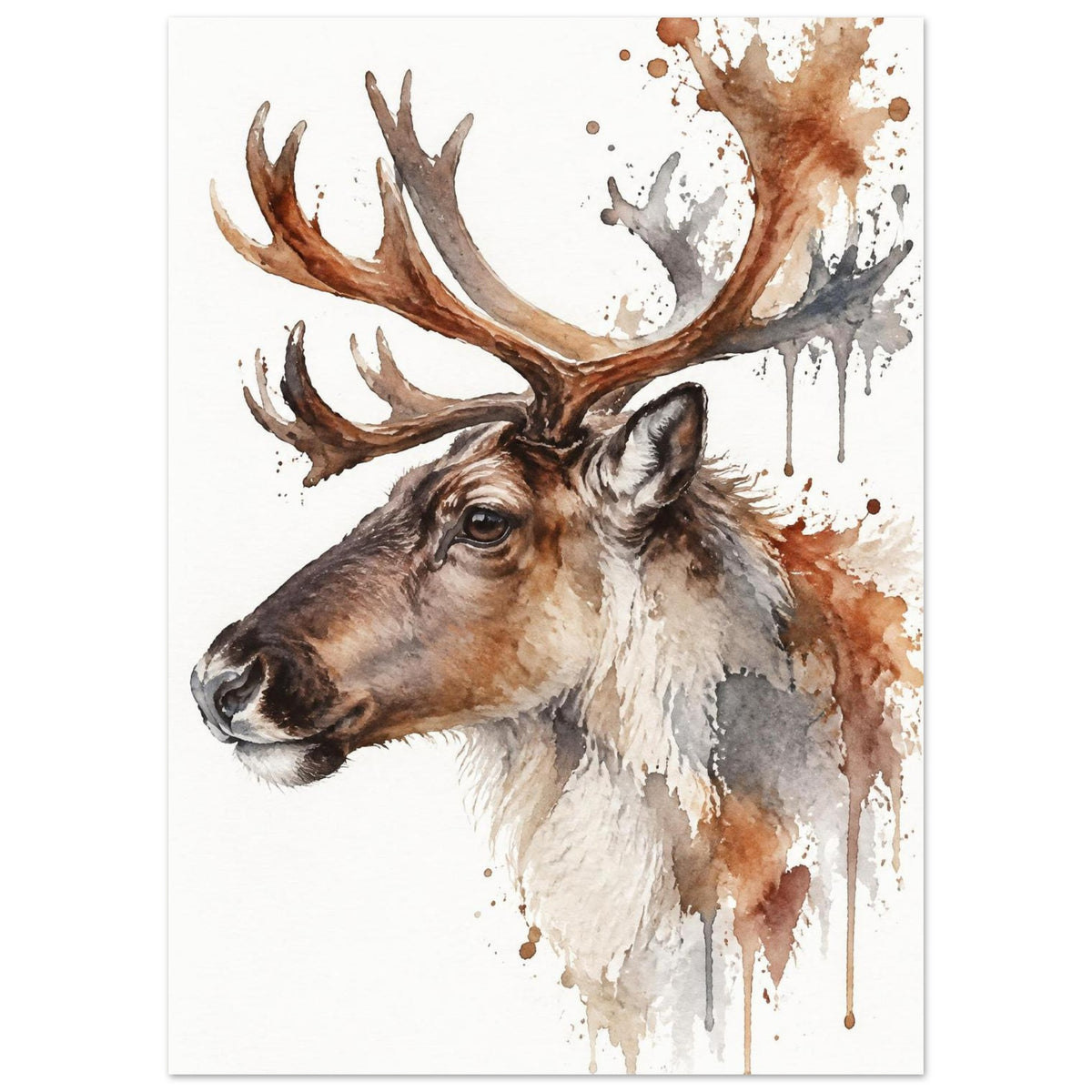 Watercolour reindeer head in profile with large antlers and loose paint splashes