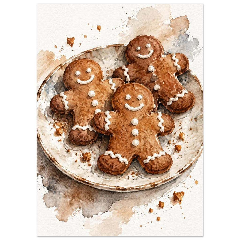 Watercolour painting of three iced gingerbread men on a rustic plate