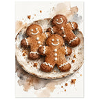 Watercolour painting of three iced gingerbread men on a rustic plate