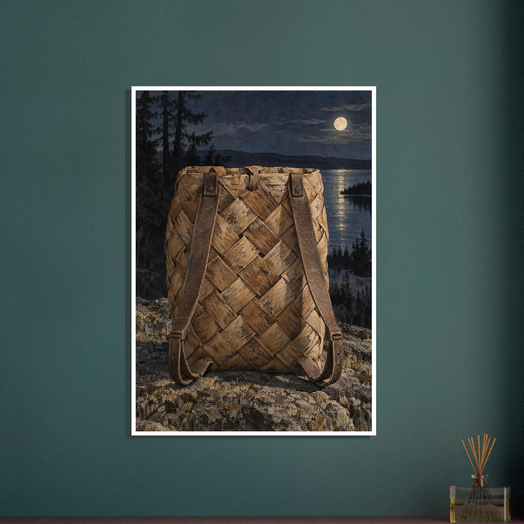 Woven birch bark backpack with brown straps on rocks, with dark conifers and a moonlit lake behind it.