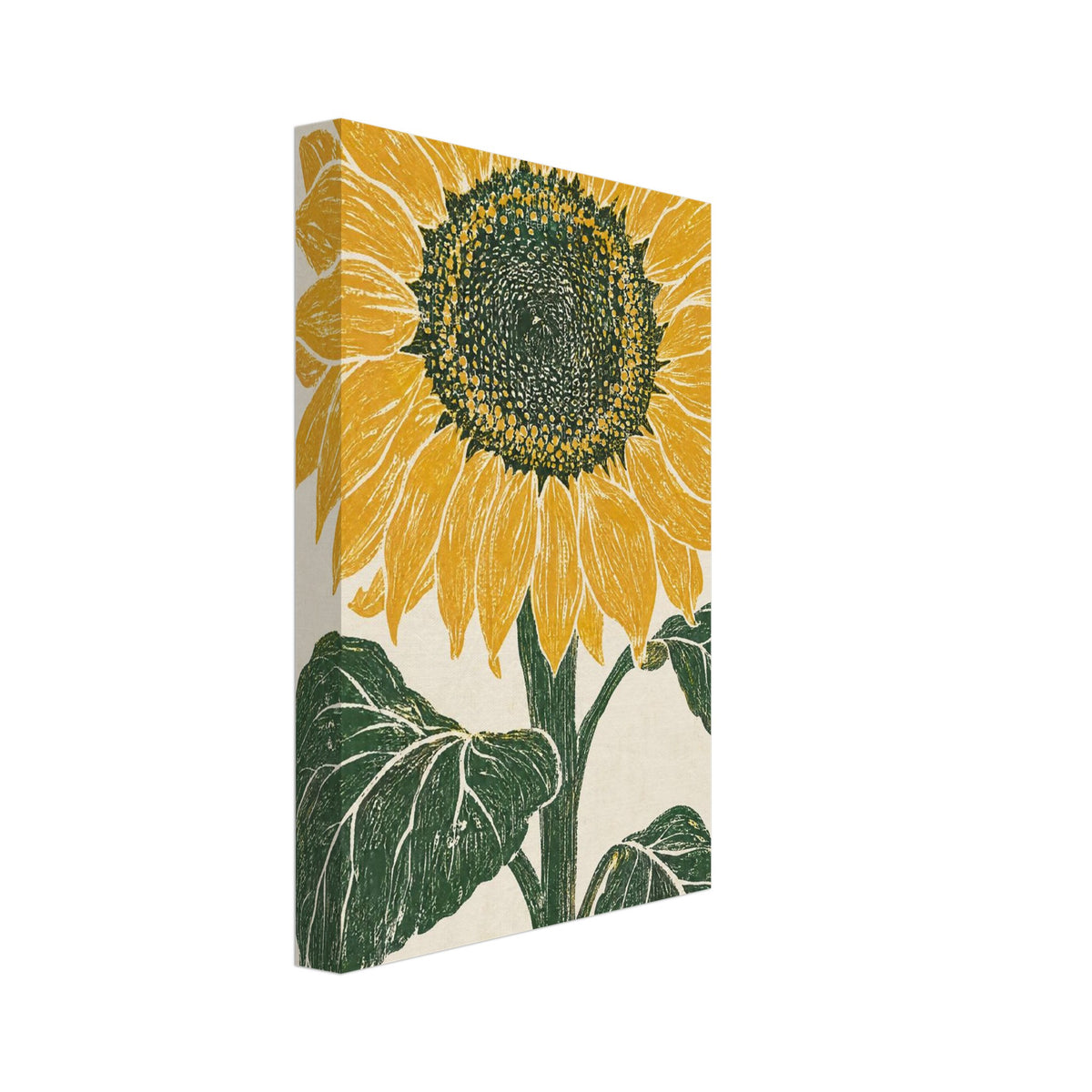 Yellow sunflower with a dark seed centre, green stem and three large leaves on a textured cream background.