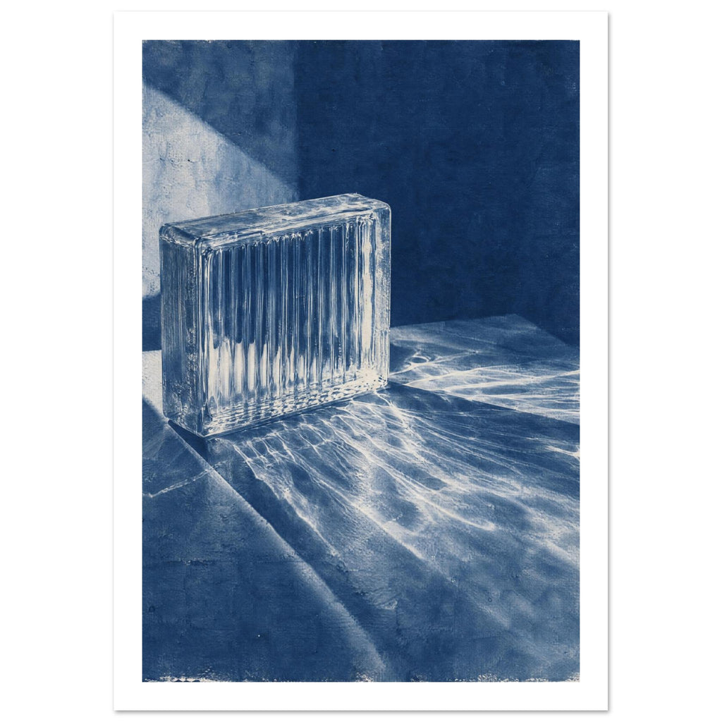 Ribbed glass brick in blue tones, casting bright, rippling light patterns and long diagonal shadows across a surface.