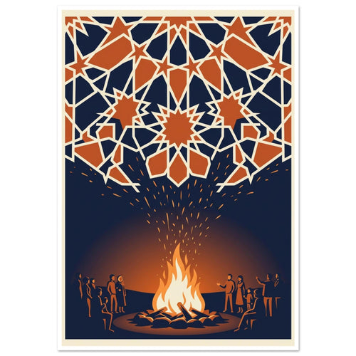 People gathered around a glowing bonfire beneath a canopy of orange geometric stars with cream outlines on navy.