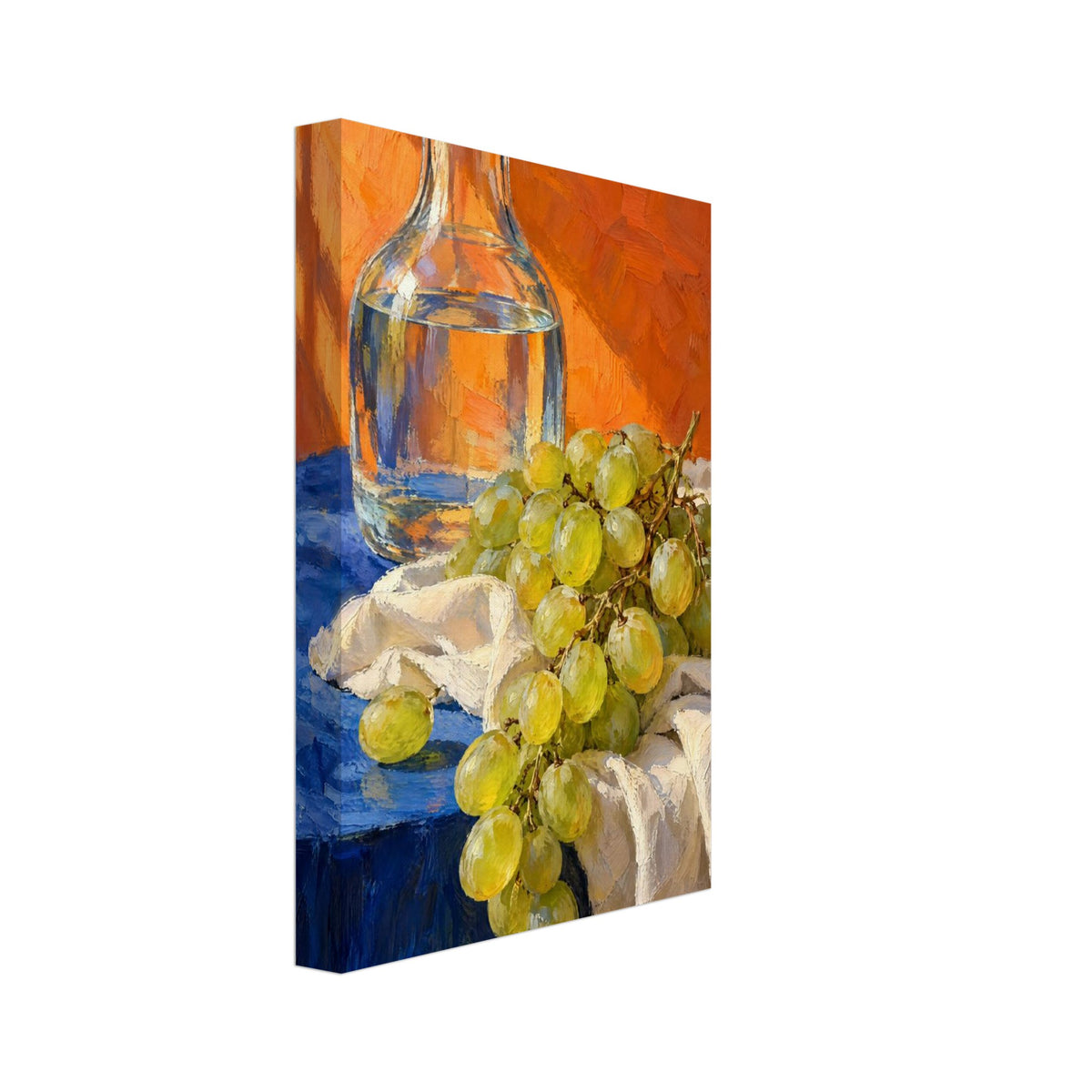 Green grapes on cream fabric beside a glass carafe of water, with a blue tabletop and textured orange background.