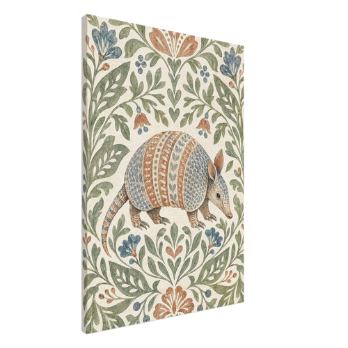 Patterned armadillo surrounded by green leaves and muted blue and terracotta flowers on a cream background.