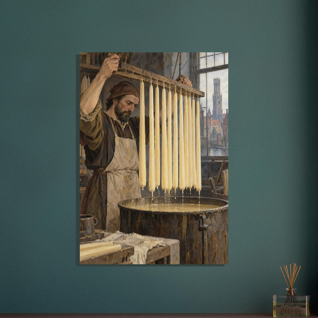 Candle maker holding a rack of long cream candles above a vat, with waterside buildings visible through a window.
