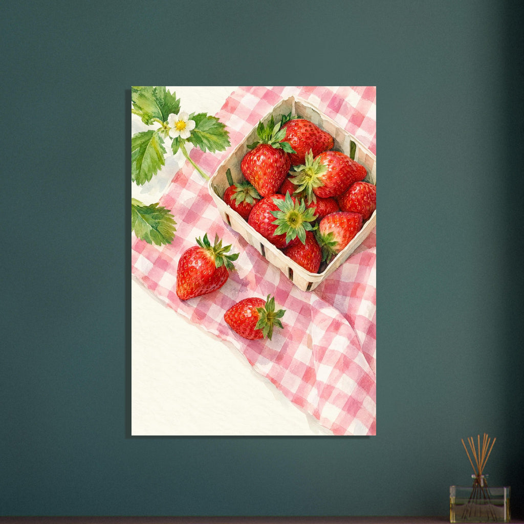 Strawberry Picnic shows a paper punnet of strawberries and two loose berries on pink gingham cloth, viewed from above.
