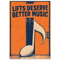 Orange lift doors with navy “Lifts Deserve Better Music” lettering and an oversized cream musical note in a distressed finish