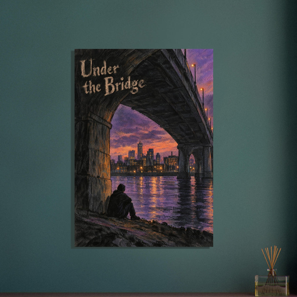 Bridge arches above a seated figure, with a sunset city skyline, purple water and the words ‘Under the Bridge’.