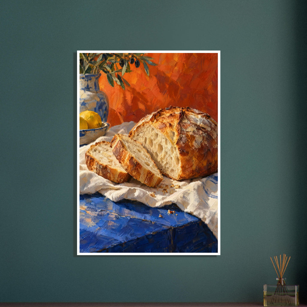 Sliced crusty loaf on cream cloth over a blue table, with lemons, pottery and olive branches against an orange backdrop.