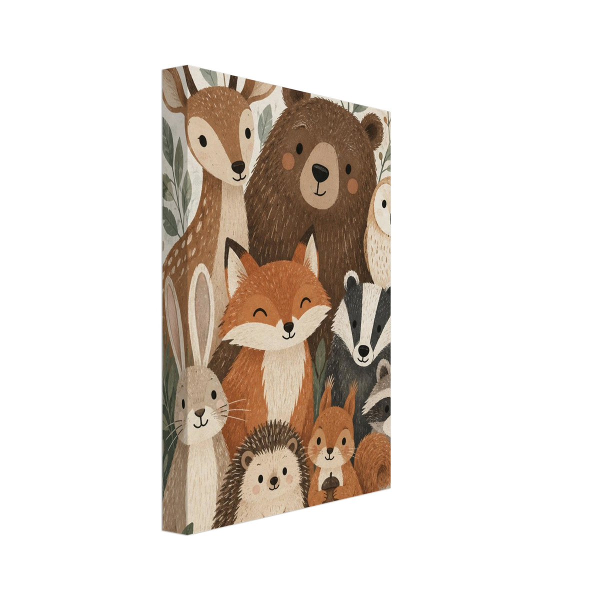 Woodland animals including a bear, deer, fox, owl, rabbit, badger, hedgehog, squirrel and raccoon among green leaves.
