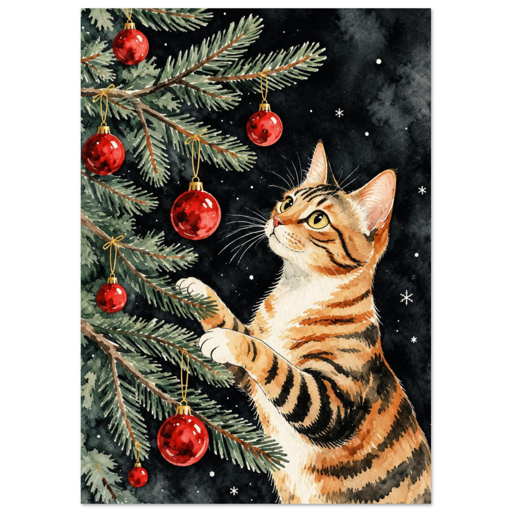 Striped orange cat reaching into evergreen branches with red Christmas baubles against a dark background with snowflakes.