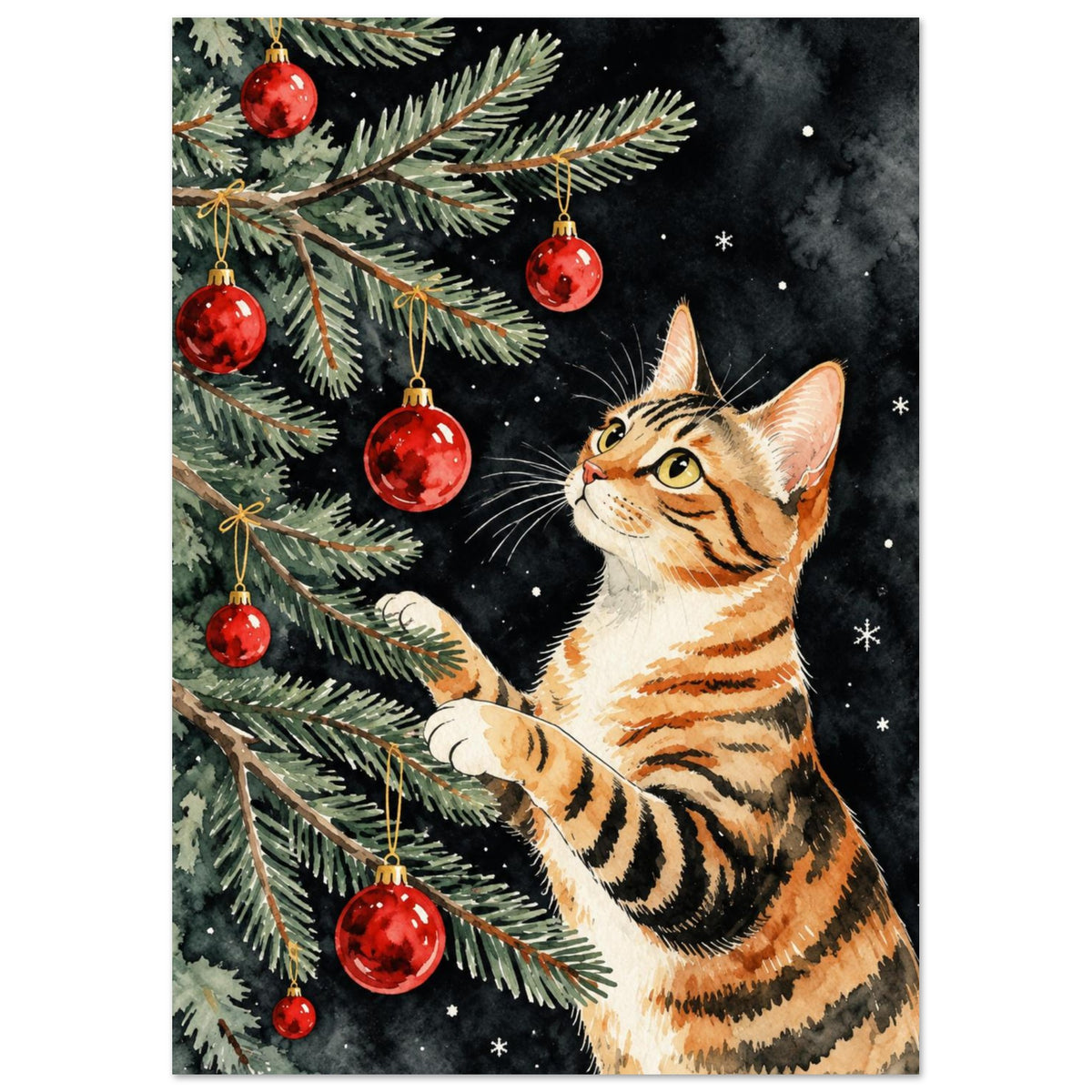 Striped orange cat reaching into evergreen branches with red Christmas baubles against a dark background with snowflakes.