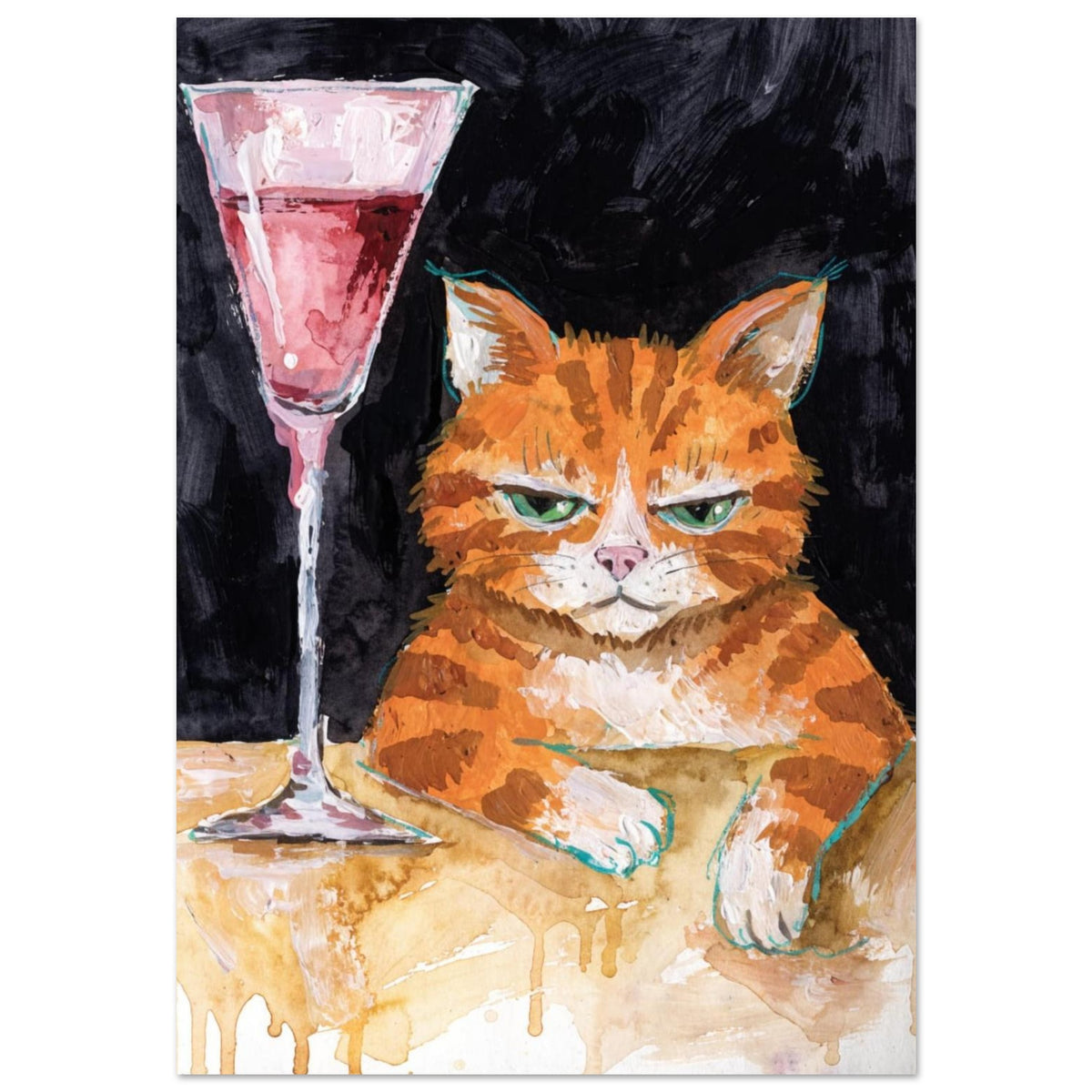 Ginger cat with green eyes resting its white paws on a golden table beside a tall glass of pink liquid, on black.
