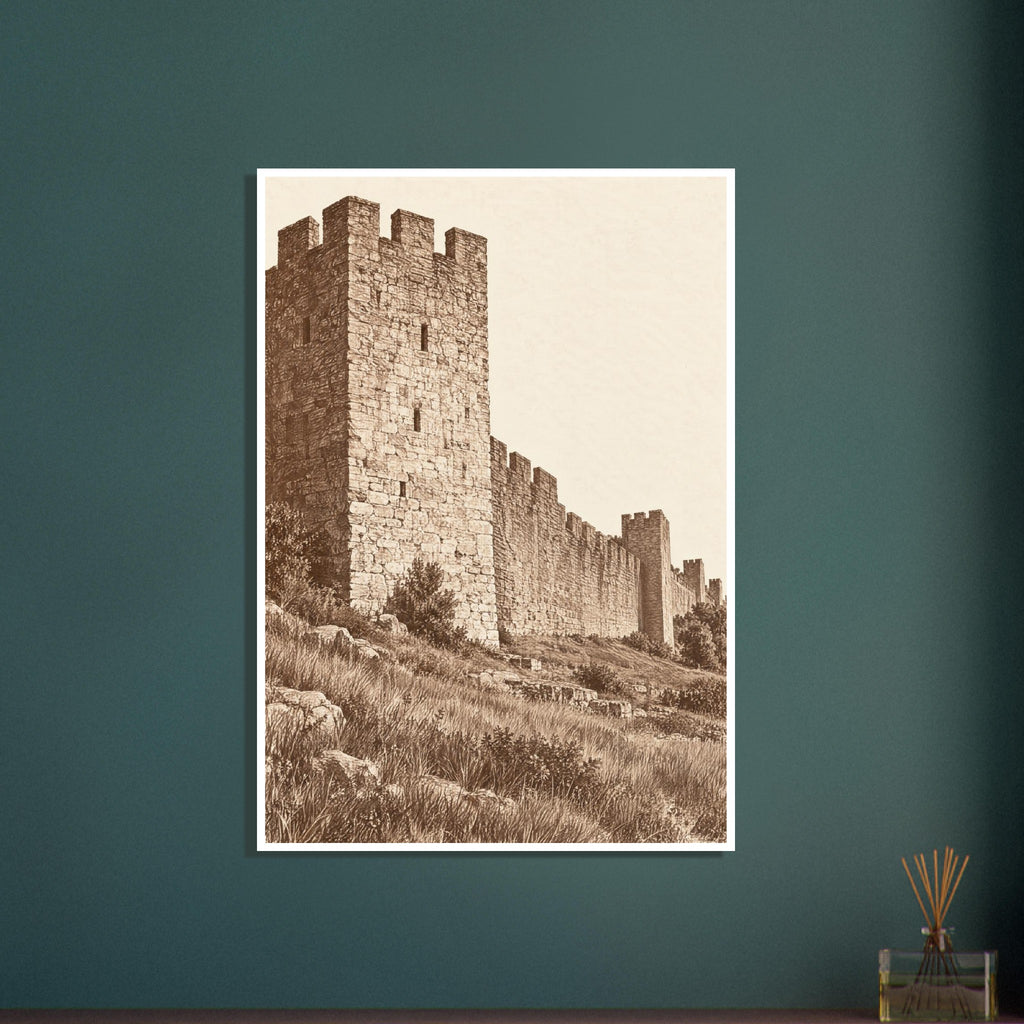Crenellated stone tower and long fortress wall above rocky grassland, rendered in sepia brown against a cream sky.