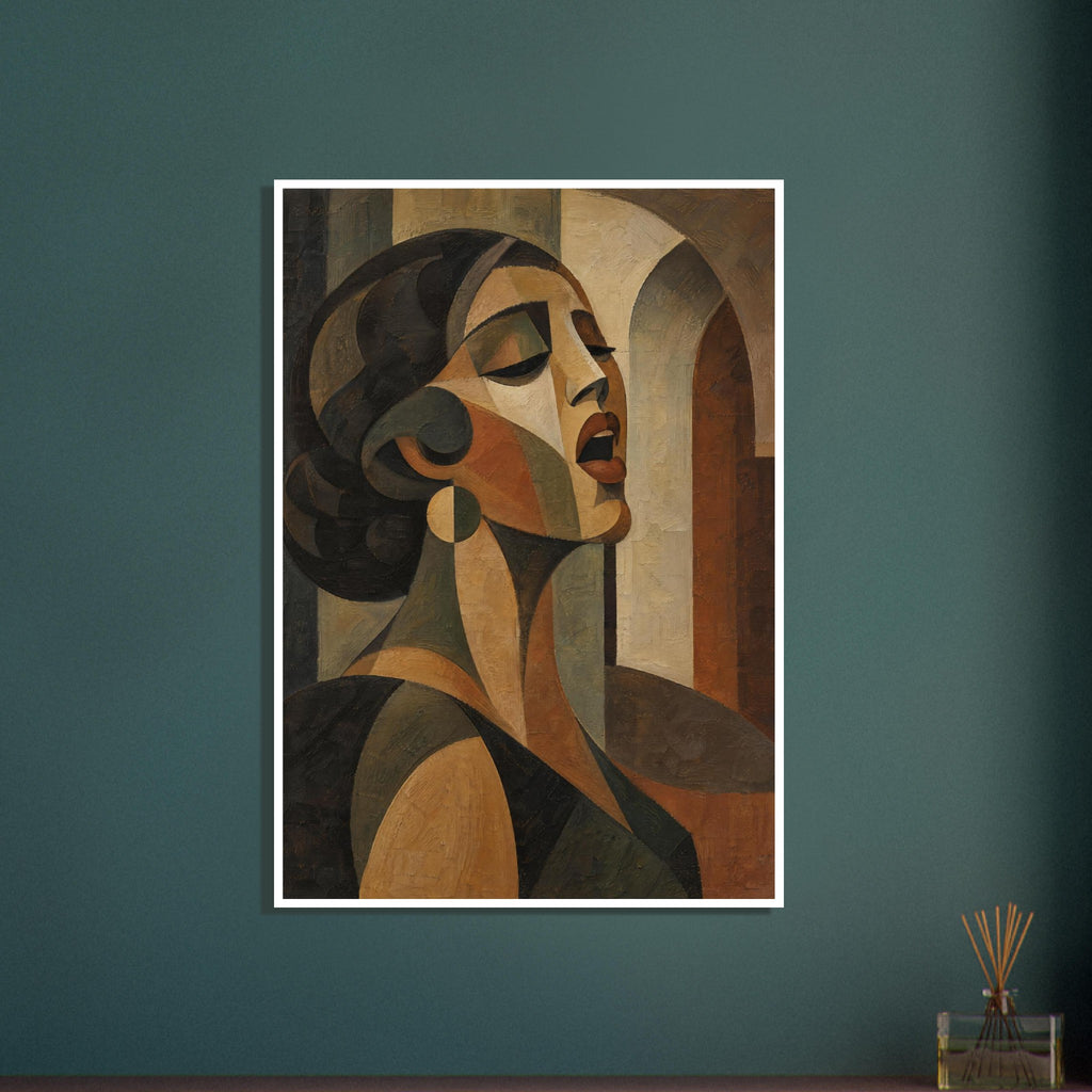 Cubist portrait of a woman with closed eyes and parted lips, in ochre, brown and muted olive, against arches.