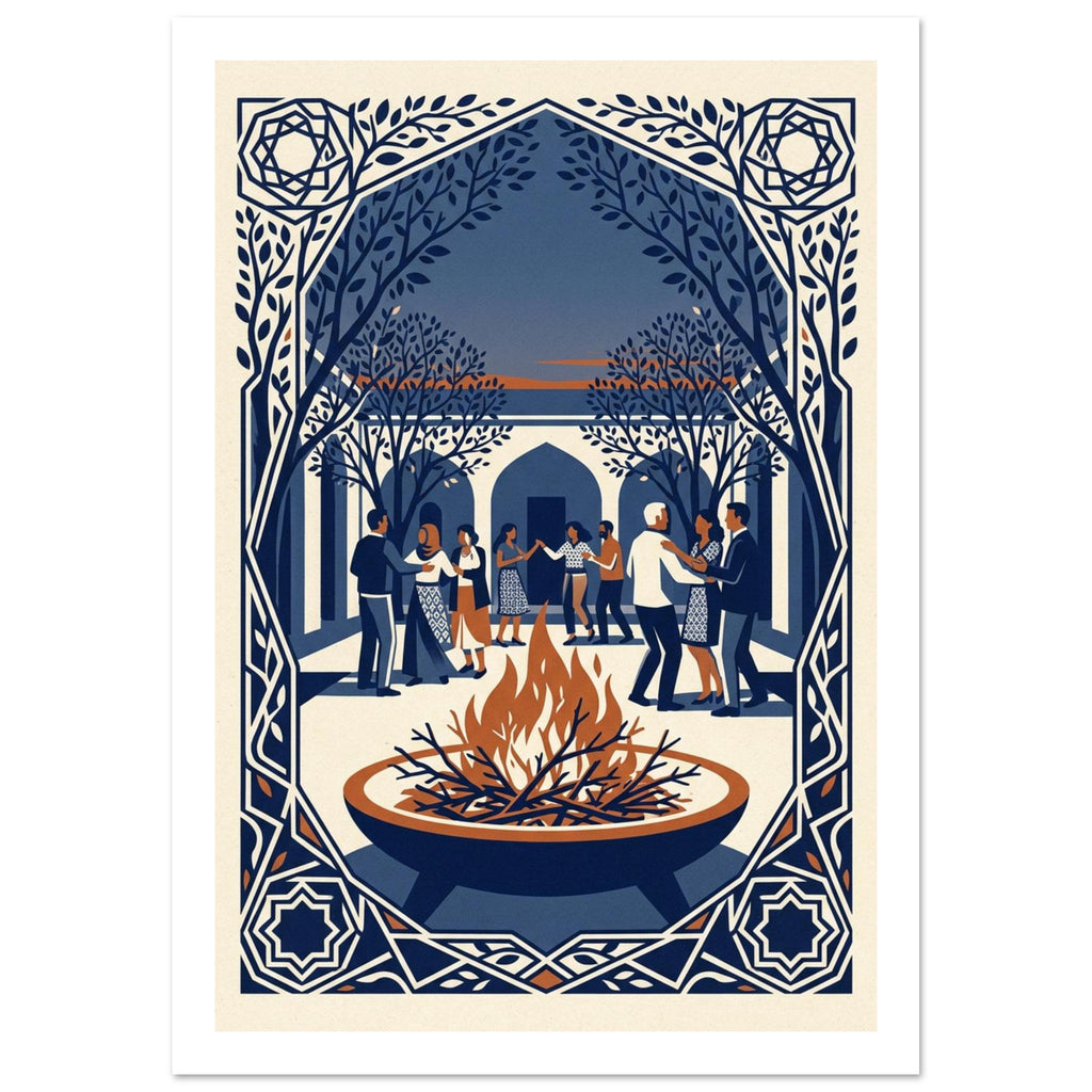 Fire bowl with orange flames before dancing people, trees and arches, enclosed by an ornate blue and cream border.