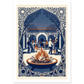 Fire bowl with orange flames before dancing people, trees and arches, enclosed by an ornate blue and cream border.