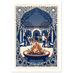 Fire bowl with orange flames before dancing people, trees and arches, enclosed by an ornate blue and cream border.