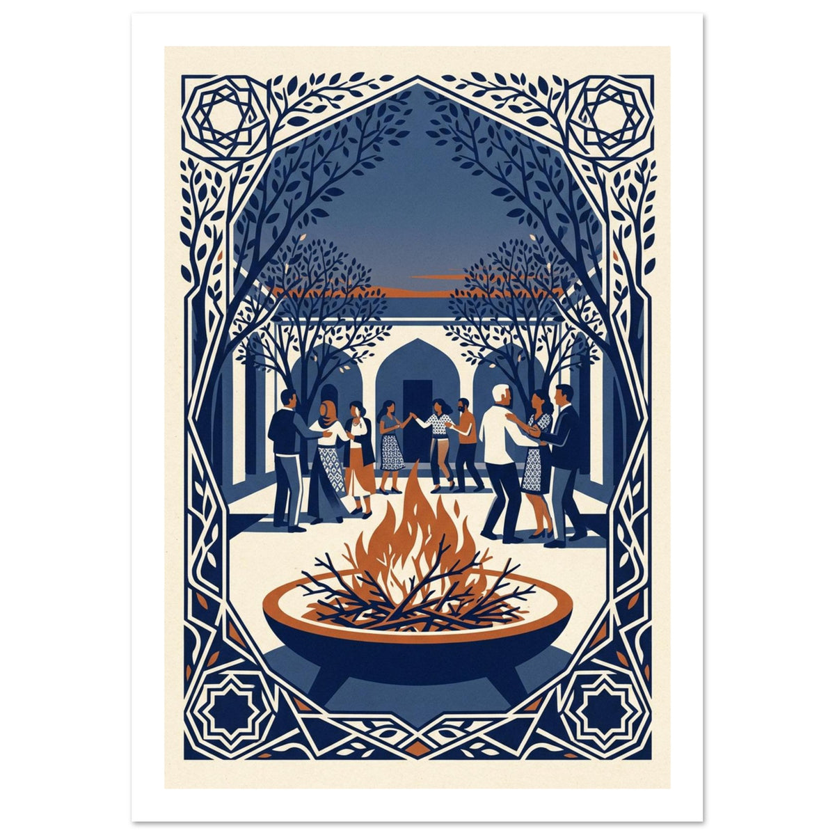 Fire bowl with orange flames before dancing people, trees and arches, enclosed by an ornate blue and cream border.