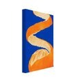Partly peeled orange with a long spiral of orange rind and cream pith against a vivid cobalt-blue background.