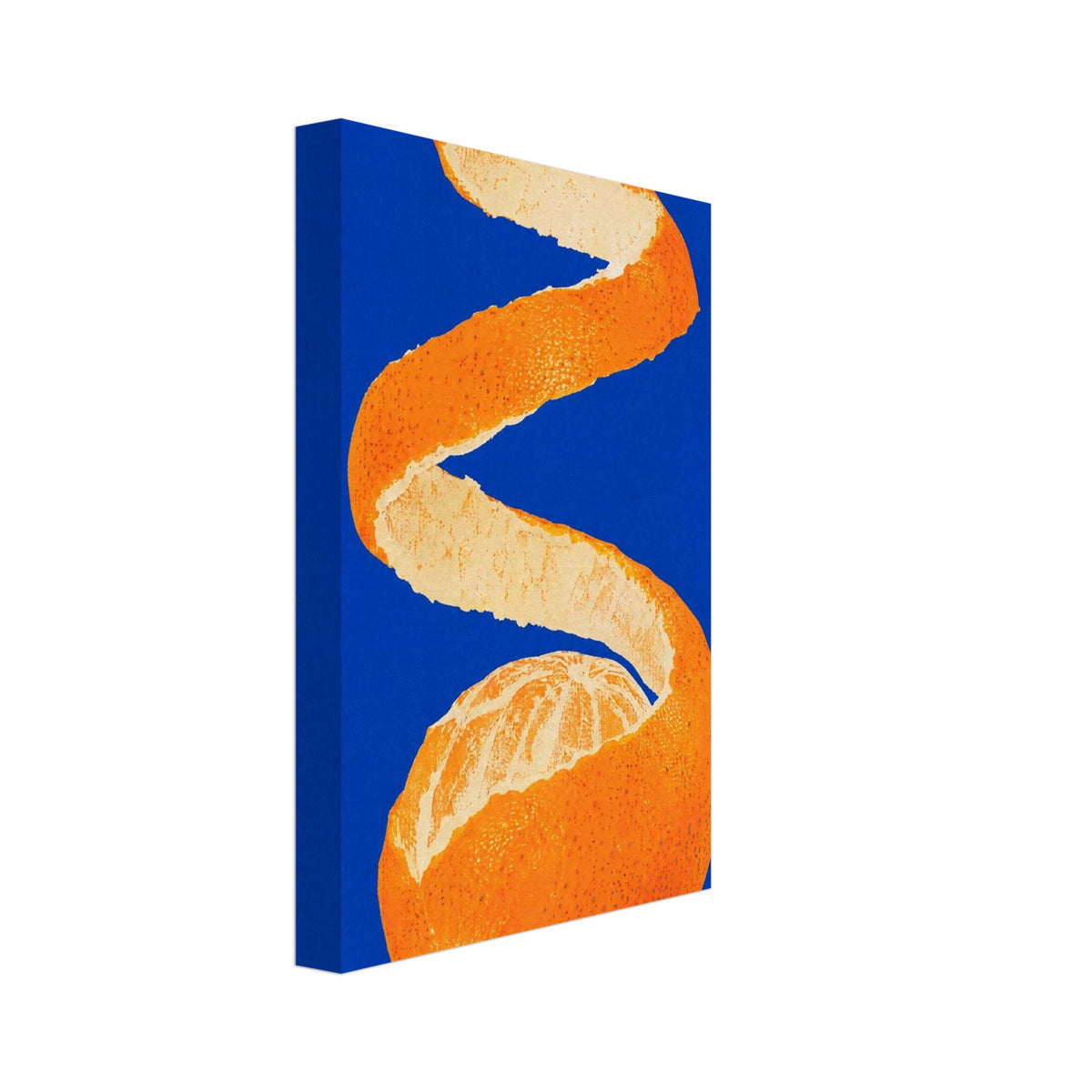 Partly peeled orange with a long spiral of orange rind and cream pith against a vivid cobalt-blue background.