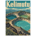 Kelimutu lettering above three turquoise and green crater lakes, rocky ridges, foreground plants and distant mountains.
