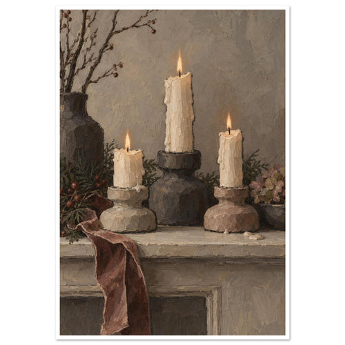 Three lit ivory candles on chunky holders, with a dark vase, branches, greenery and a draped burgundy ribbon.
