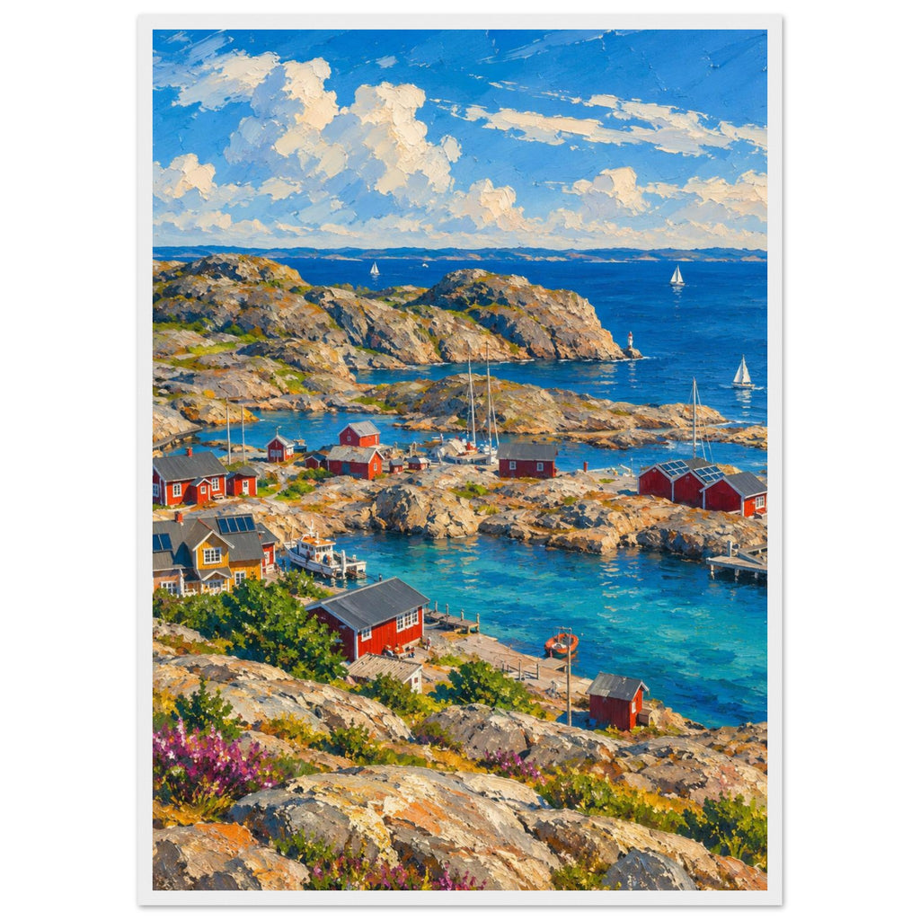 Rocky harbour with red cabins, wooden jetties and sailboats on blue water beneath cream clouds, with flowers in front.