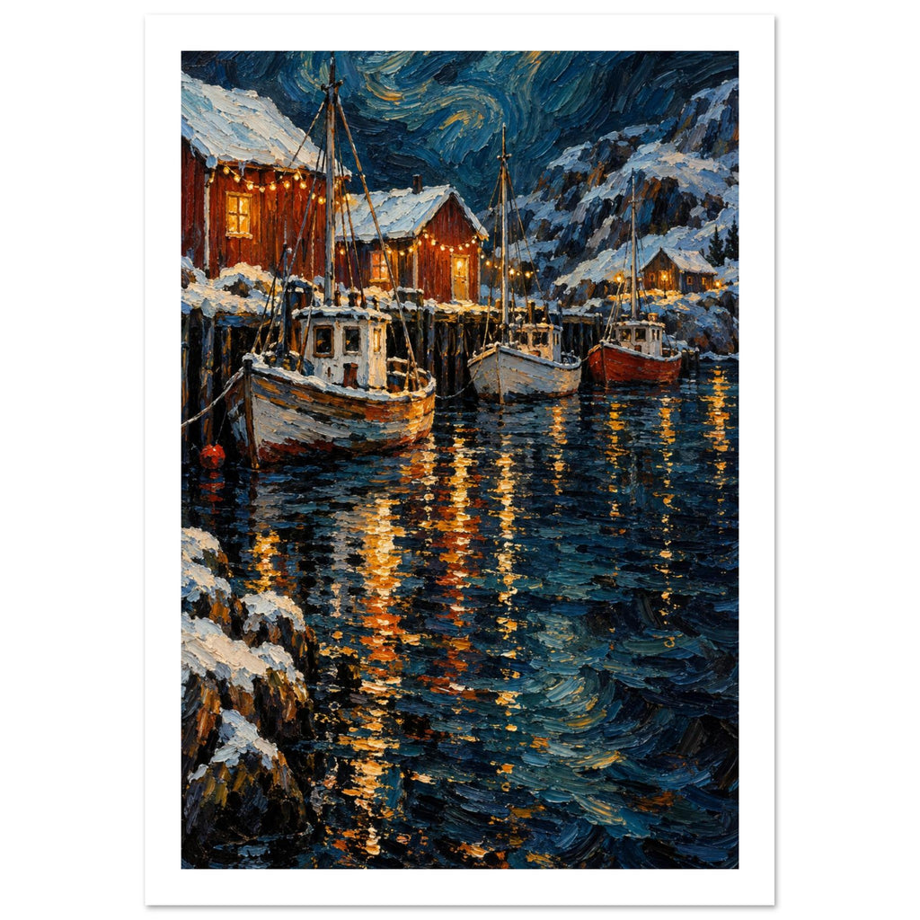 Three boats moored beside snowy red harbour buildings, with golden lights reflected in dark blue water beneath a swirling sky