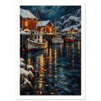 Three boats moored beside snowy red harbour buildings, with golden lights reflected in dark blue water beneath a swirling sky