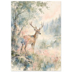 Antlered deer beside a tree and water, with misty conifers and loose watercolour washes of green, blue and pink.