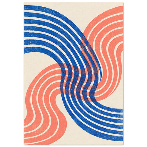 Blue and coral curved bands overlap across a cream background, with a distressed texture throughout.
