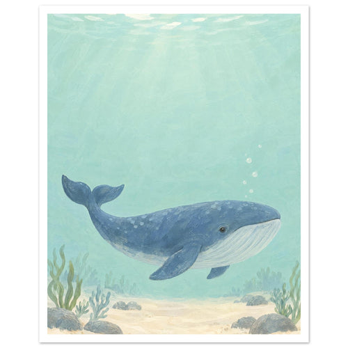 Blue whale swimming through pale aqua water above a sandy seabed with rocks and sea plants, beneath sunlit ripples.