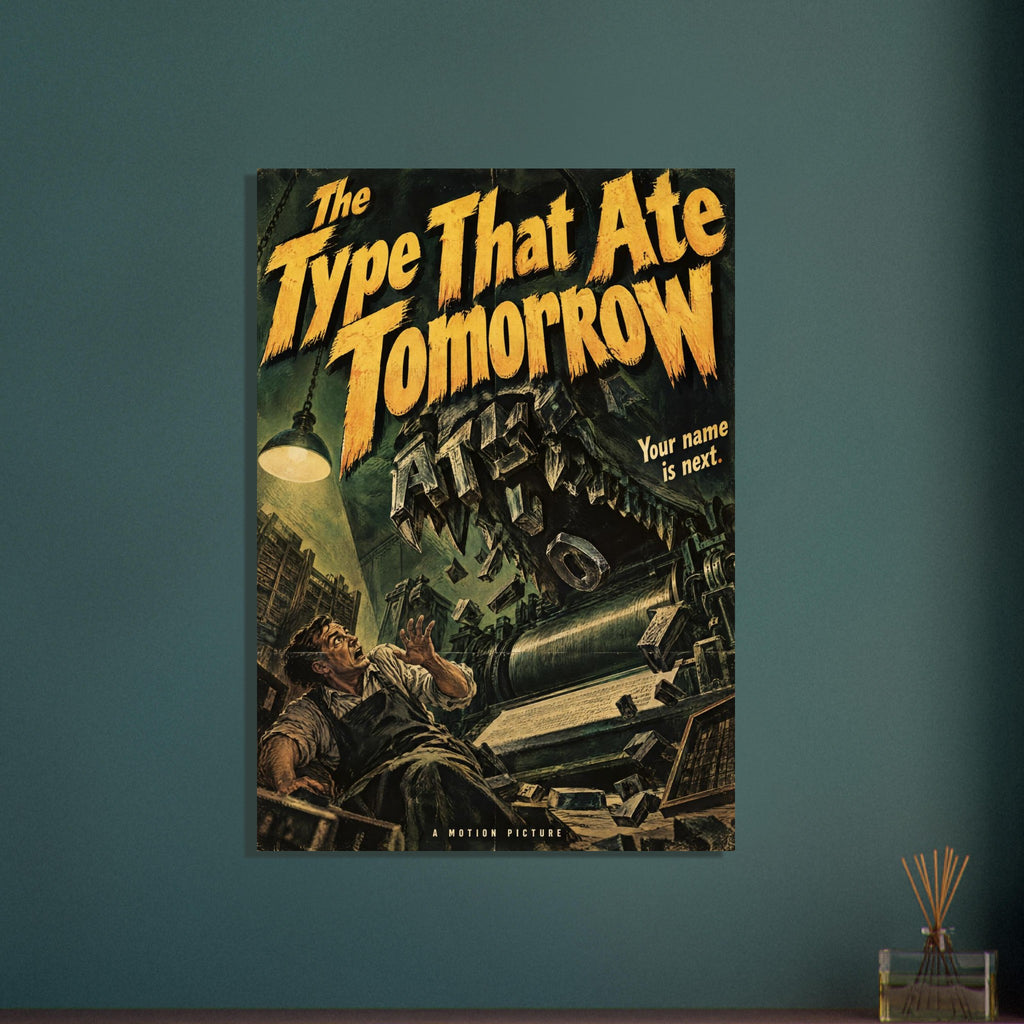 Monstrous printing press looms over a frightened man beneath yellow lettering reading ‘The Type That Ate Tomorrow’.