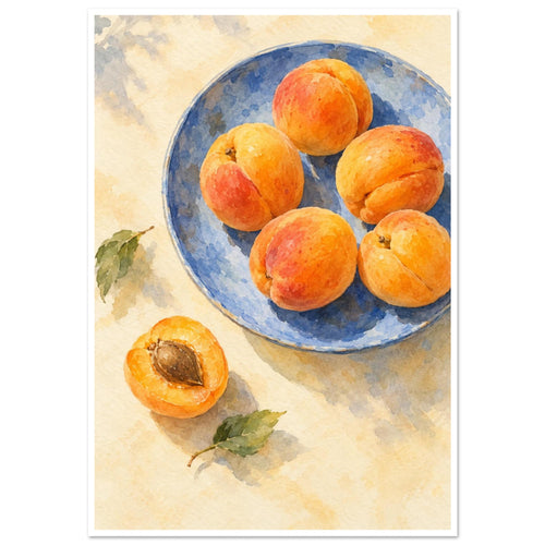 Apricots on a blue plate, with a halved apricot and green leaves on a cream surface, painted in watercolour.