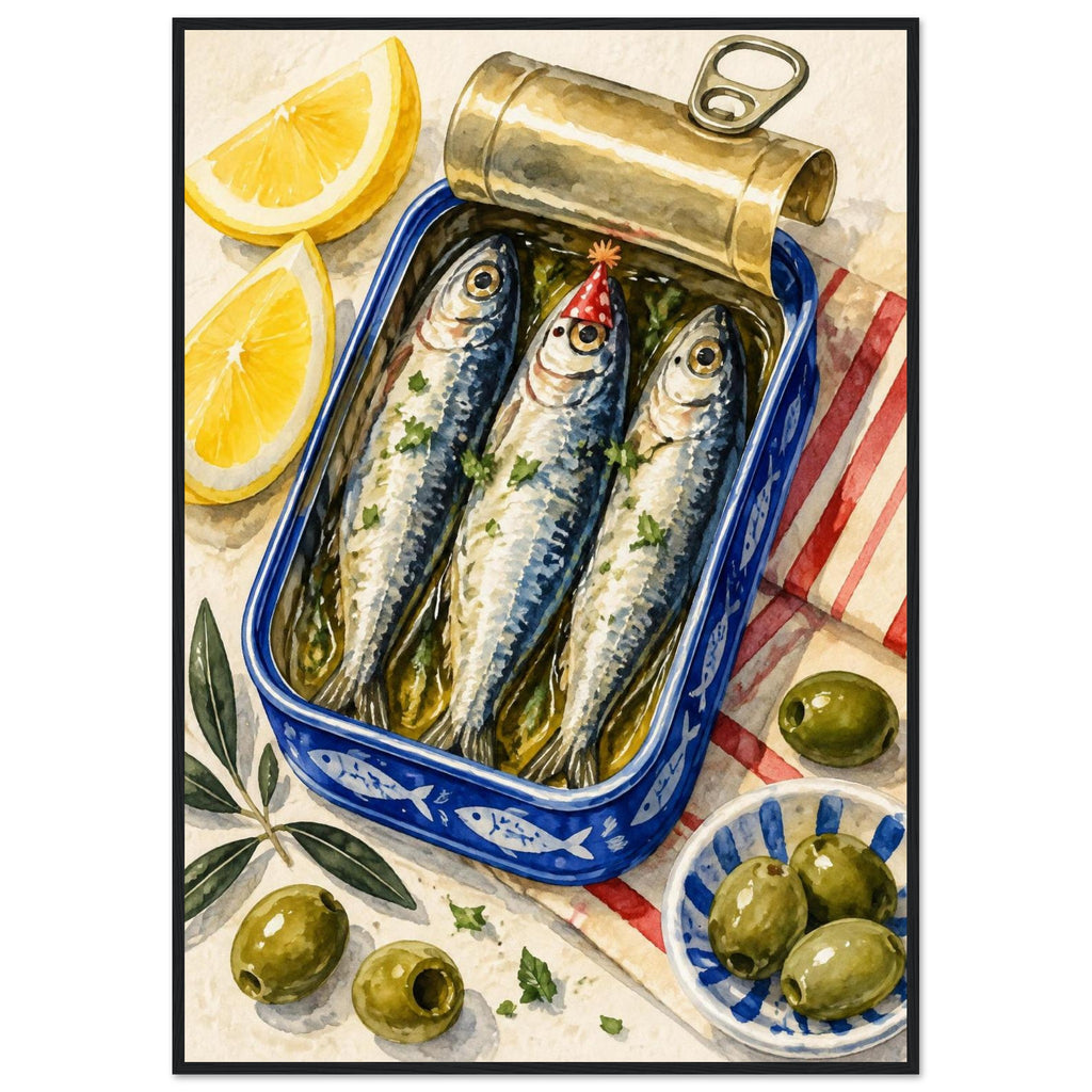 Three sardines in an open blue tin, one wearing a red party hat, surrounded by lemon wedges, olives and striped cloth.