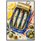 Three sardines in an open blue tin, one wearing a red party hat, surrounded by lemon wedges, olives and striped cloth.