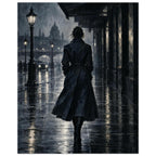 Raincoat at Midnight, a rear-view figure in a long raincoat under an awning, outlined above wet pavement in navy and charcoal