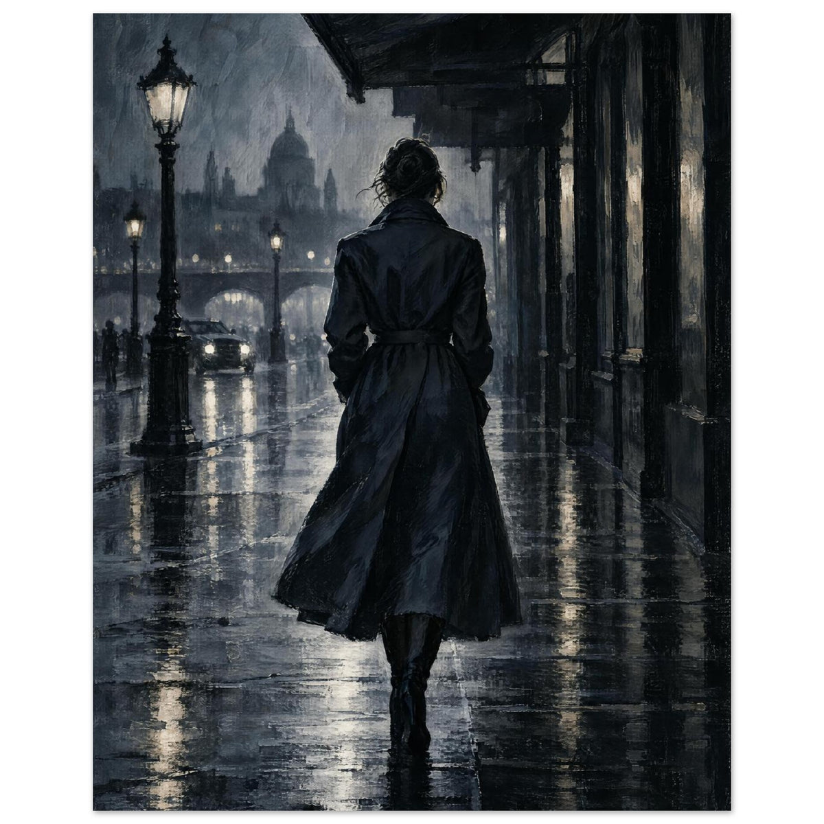 Raincoat at Midnight, a rear-view figure in a long raincoat under an awning, outlined above wet pavement in navy and charcoal