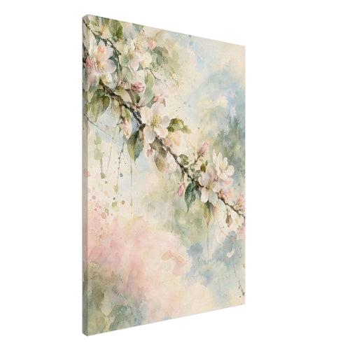 Flowering branch with pale pink and white blossom and green leaves against soft cream, blue and pink watercolour washes.